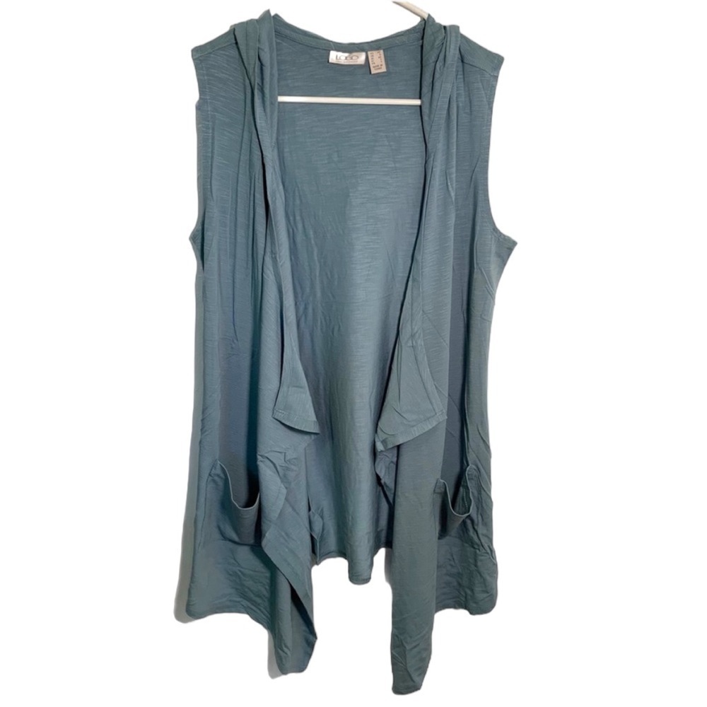 LOGO by Lori Goldstein Women's Size XS Open Front Knit Vest with Hood Light Blue